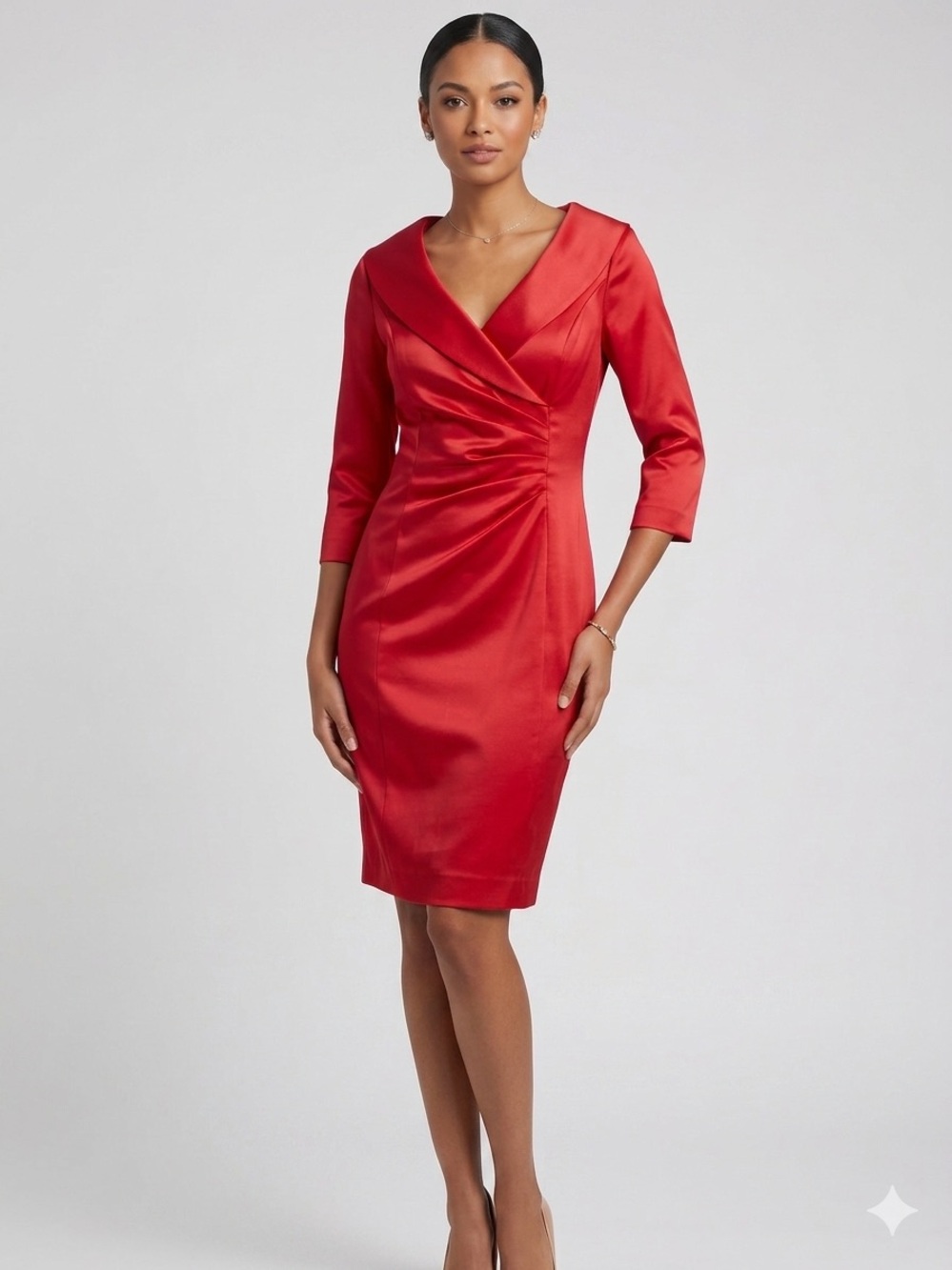 Kay Unger Red Satin Portrait Collar Sheath Cocktail Dress - Size 4